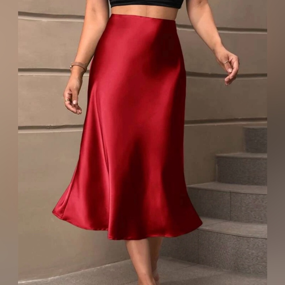 NWT SHEIN Red Satin High Waisted Skirt
